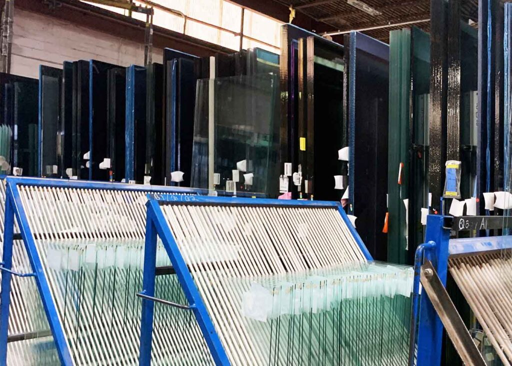 panels of fabricated glass in manufacturing factory