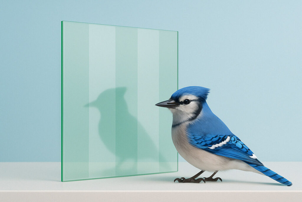 bird standing in front of bird-friendly glass